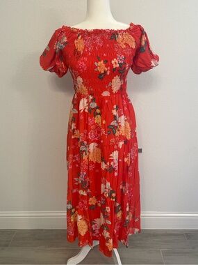 Red floral smocked midi dress